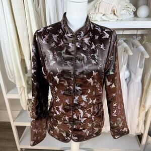 Old Navy sz. Large Vintage brown satin asian inspired jacket  butterflies #4260